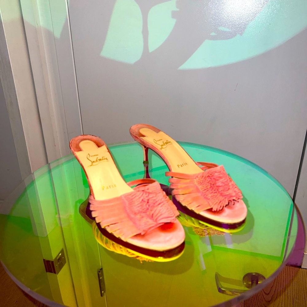 Christian Louboutin Belbrossa Pompom Red Sole Slide Sandal size 37.5